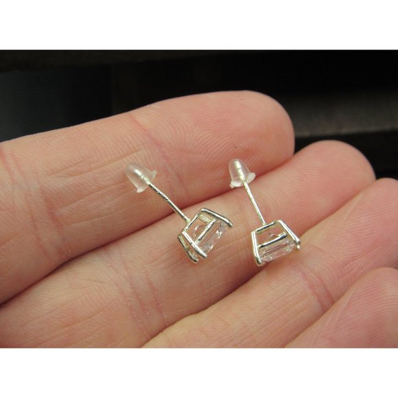 Sterling Silver Simple Brilliant Square Clear Gem CZ Stud Earrings - Picture 3 of 6